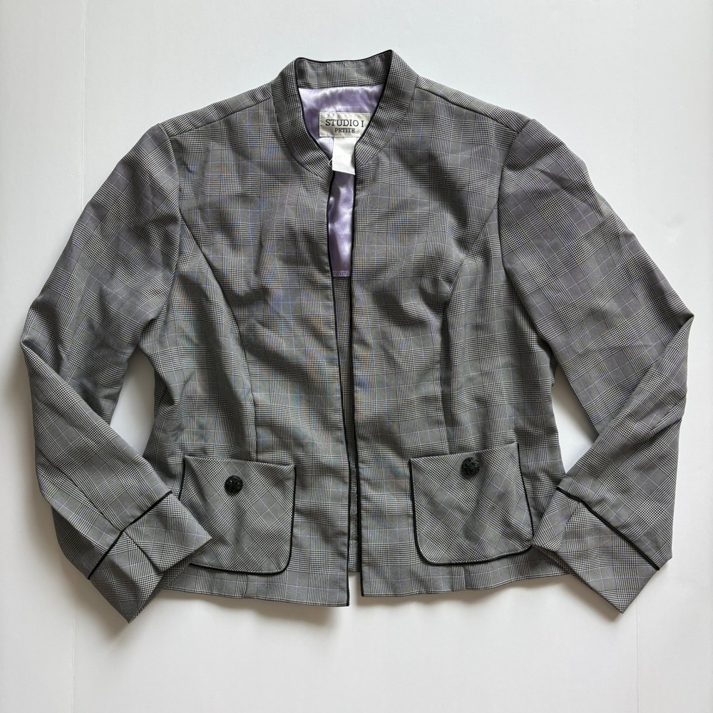 Studio I Petite Womens Gray Plaid Blazer Jacket Purple Lined